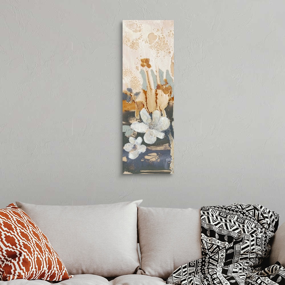 A bohemian room featuring Contemporary painting of a whimsical flowers in soft white against an abstract dripping background.