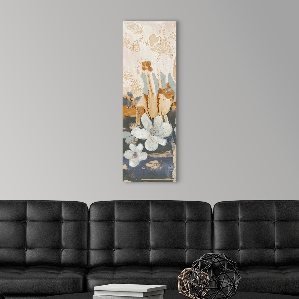 A modern room featuring Contemporary painting of a whimsical flowers in soft white against an abstract dripping background.