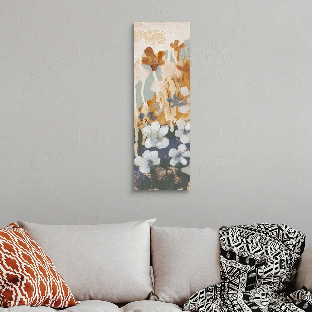 A bohemian room featuring Contemporary painting of a whimsical flowers in soft white against an abstract dripping background.