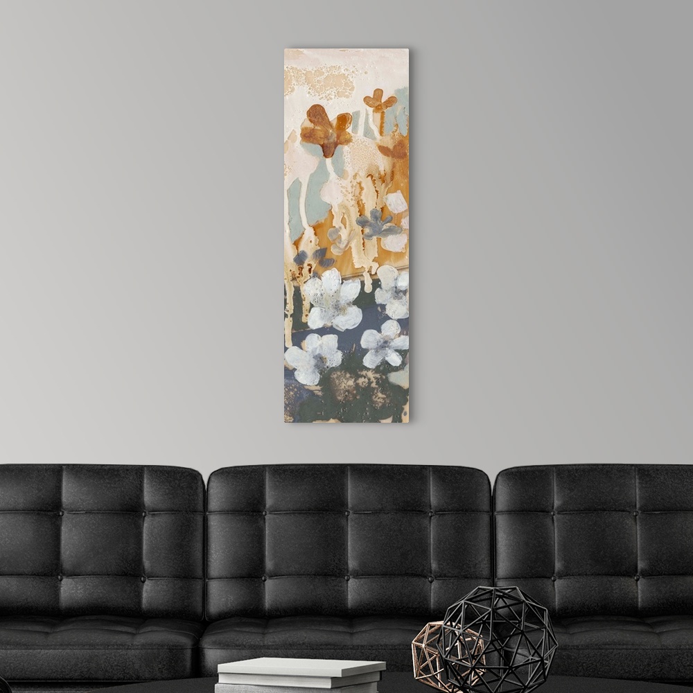 A modern room featuring Contemporary painting of a whimsical flowers in soft white against an abstract dripping background.