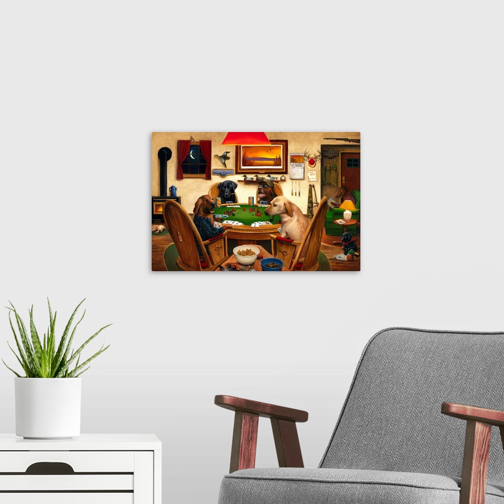 A modern room featuring Horizontal artwork on a big canvas of four dogs, two wearing human clothing, sitting around a tab...