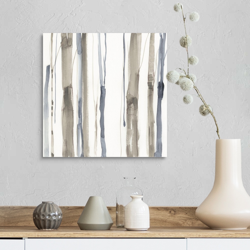 A farmhouse room featuring Square watercolor painting of abstract tree trunks in brown and gray against a white background.