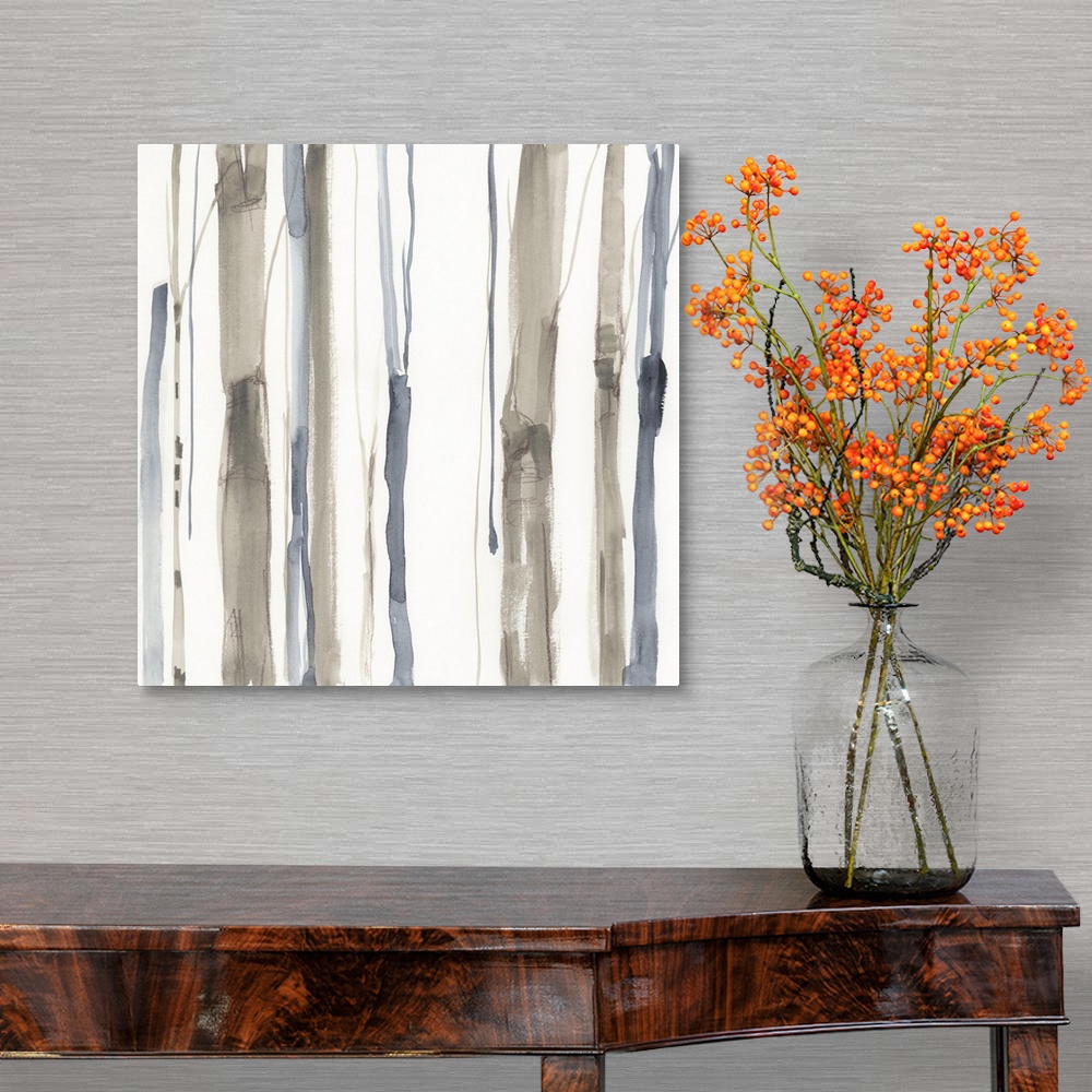 A traditional room featuring Square watercolor painting of abstract tree trunks in brown and gray against a white background.