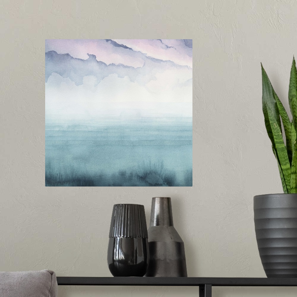 A modern room featuring Abstract landscape of nightfall on the bay.