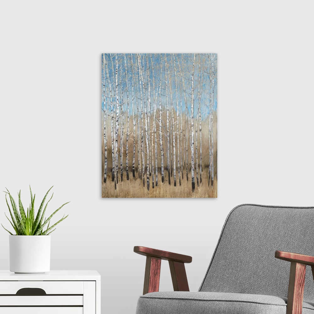 A modern room featuring Dusty Blue Birches I