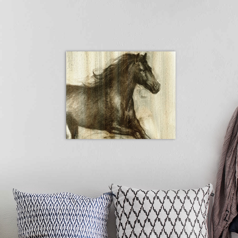 A bohemian room featuring Contemporary artwork of a dark horse galloping.