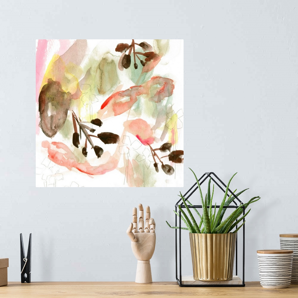 A bohemian room featuring An abstracted floral painting in earth tones of brown, green and pink, with additional flower sha...