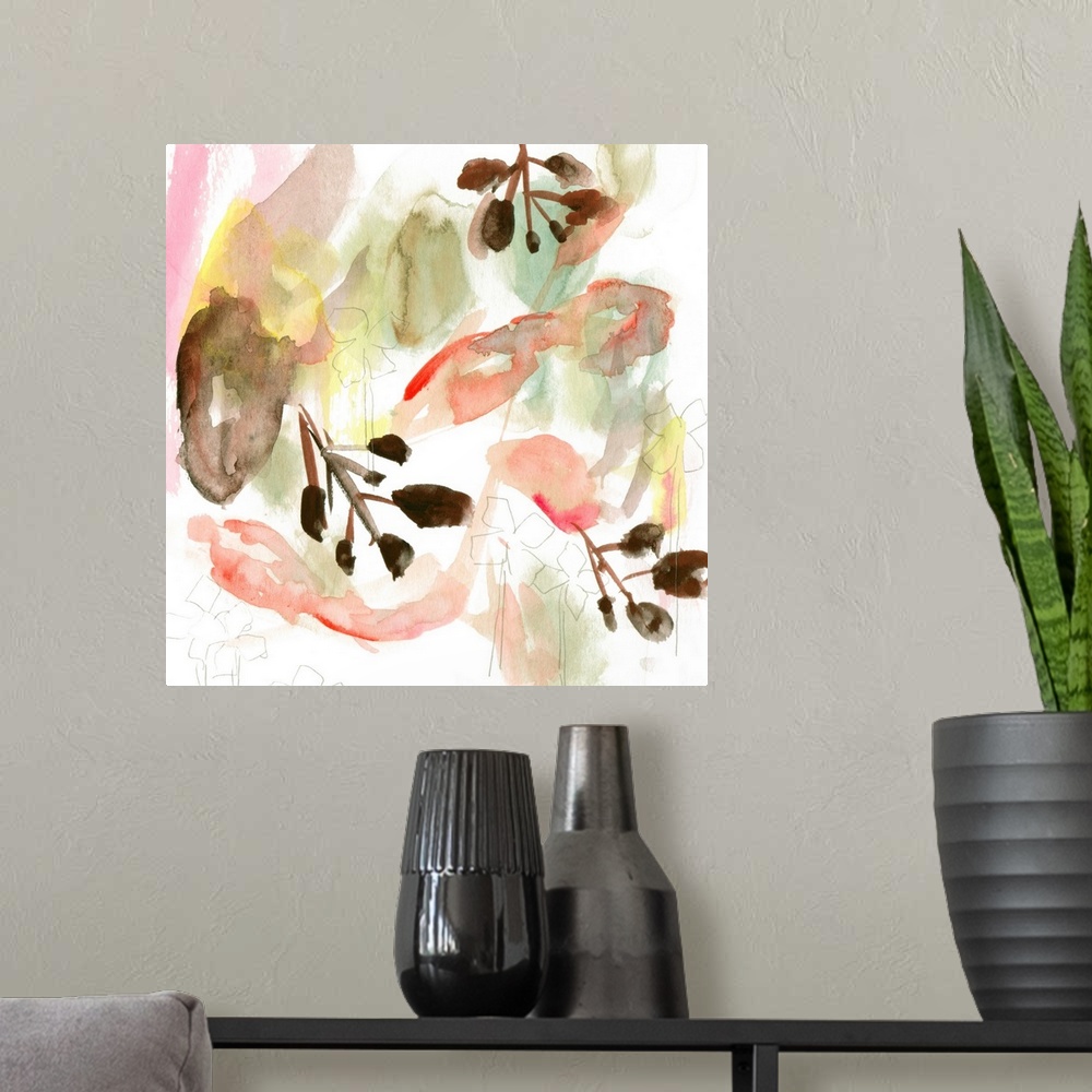 A modern room featuring An abstracted floral painting in earth tones of brown, green and pink, with additional flower sha...