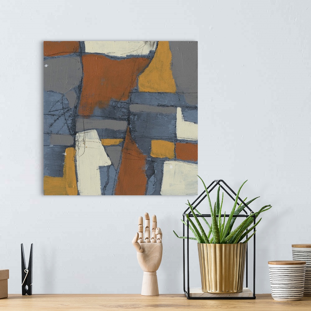 A bohemian room featuring Abstract contemporary artwork in earthy tones of brown, grey, and beige.