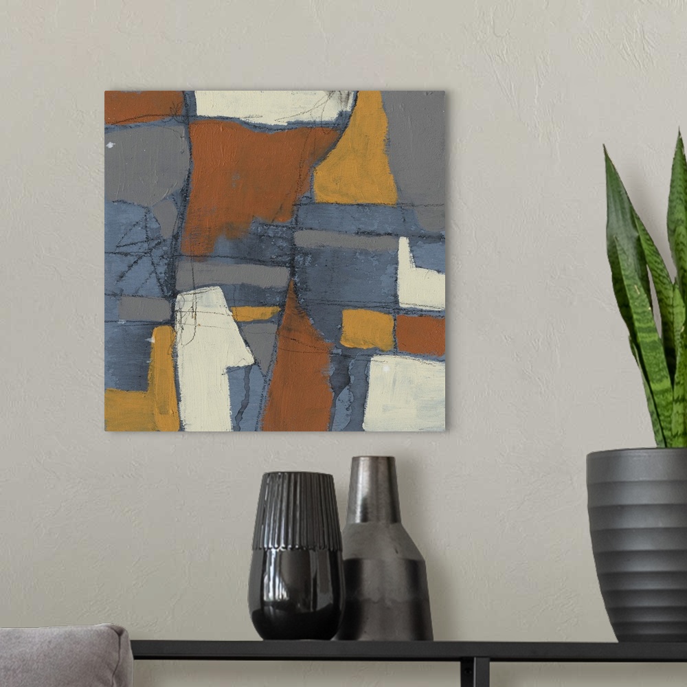 A modern room featuring Abstract contemporary artwork in earthy tones of brown, grey, and beige.