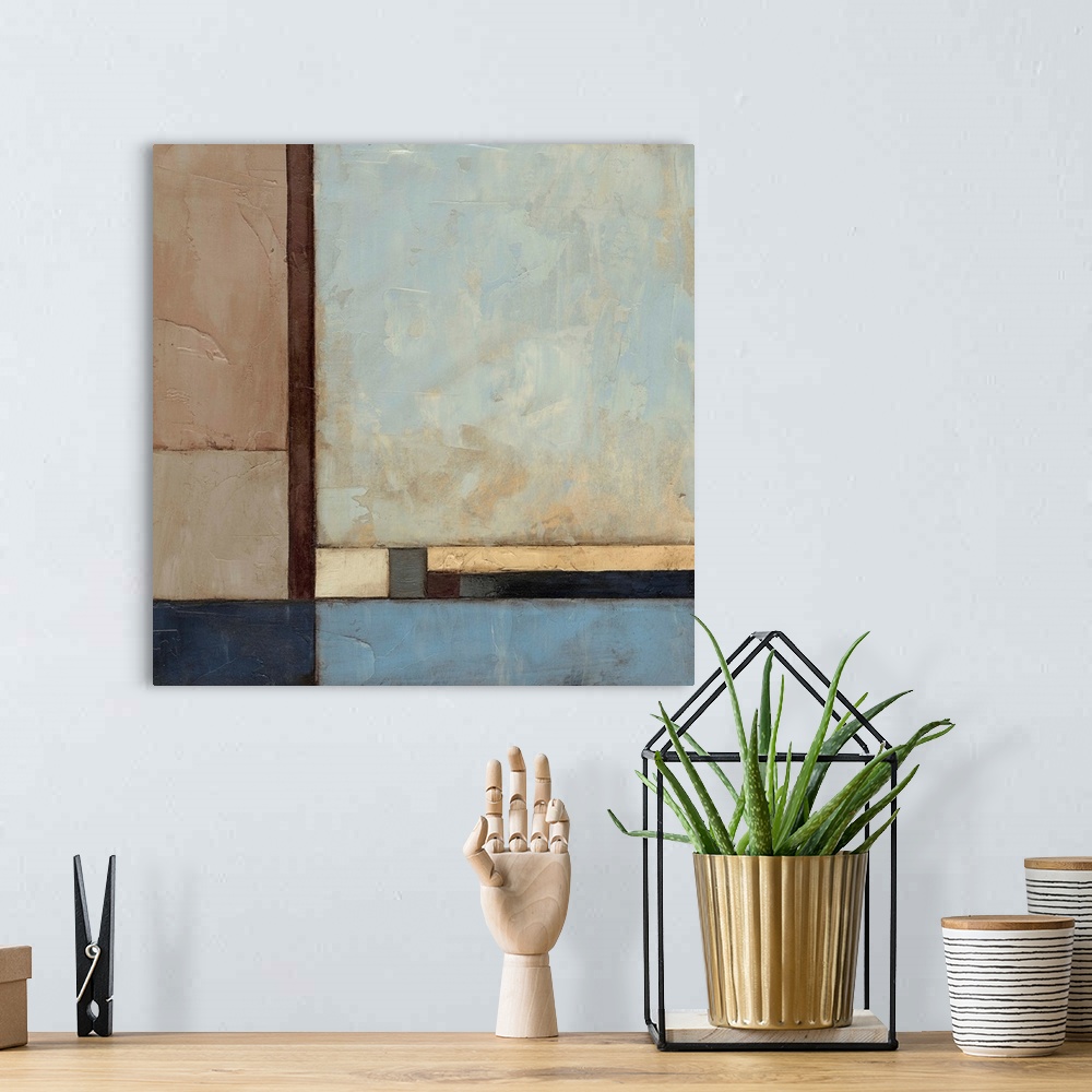 A bohemian room featuring Contemporary abstract painting of muted geometric shapes.