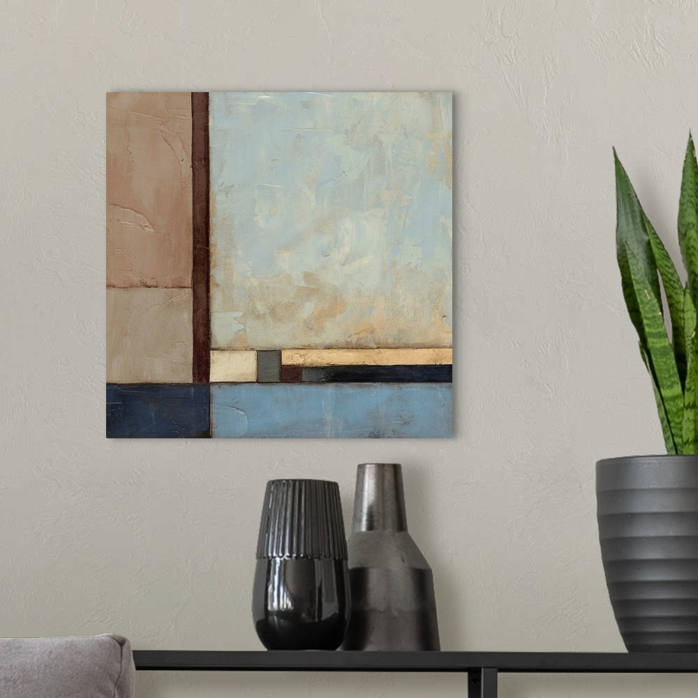 A modern room featuring Contemporary abstract painting of muted geometric shapes.