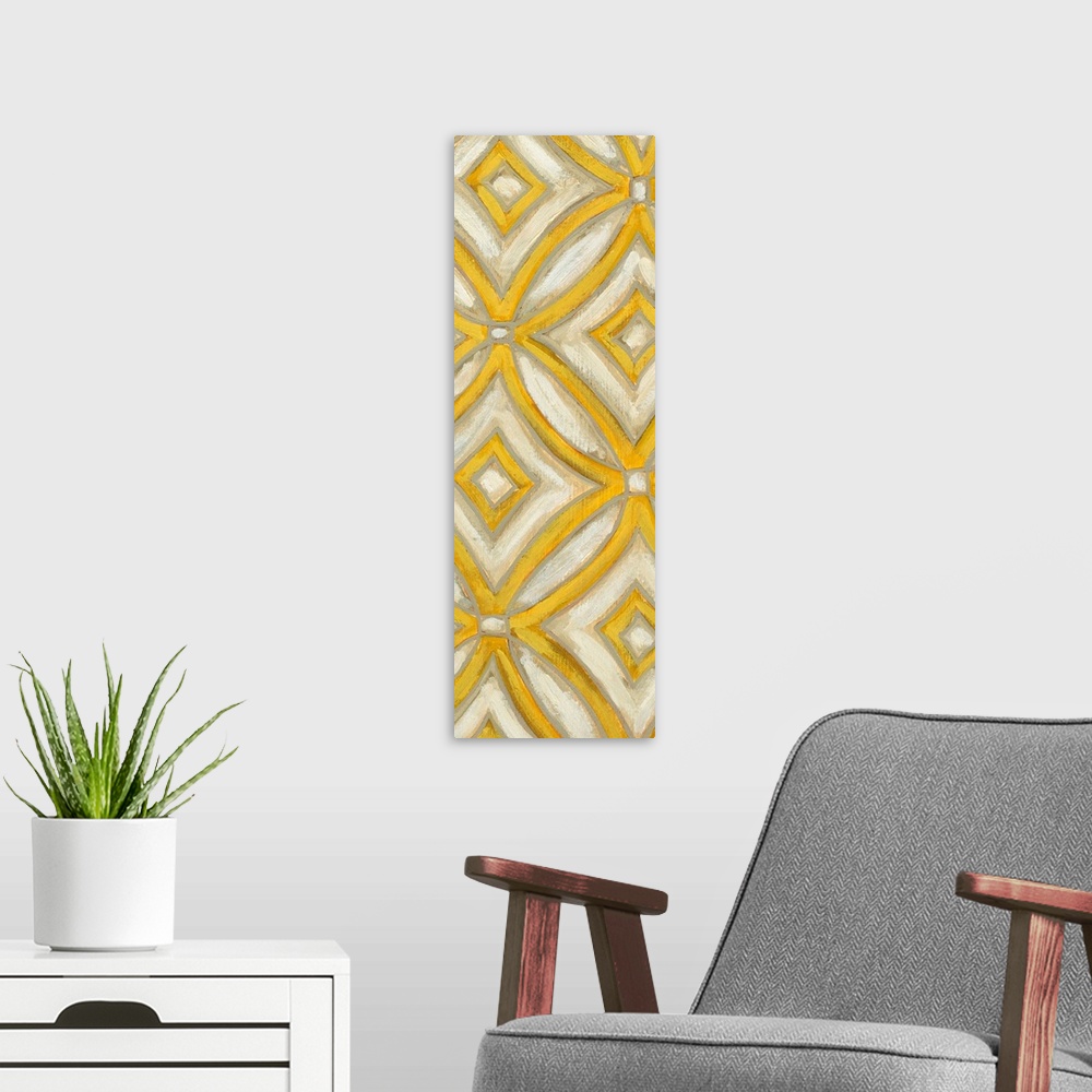 A modern room featuring Long vertical abstract artwork with diamond shaped patterns inside of an oval.