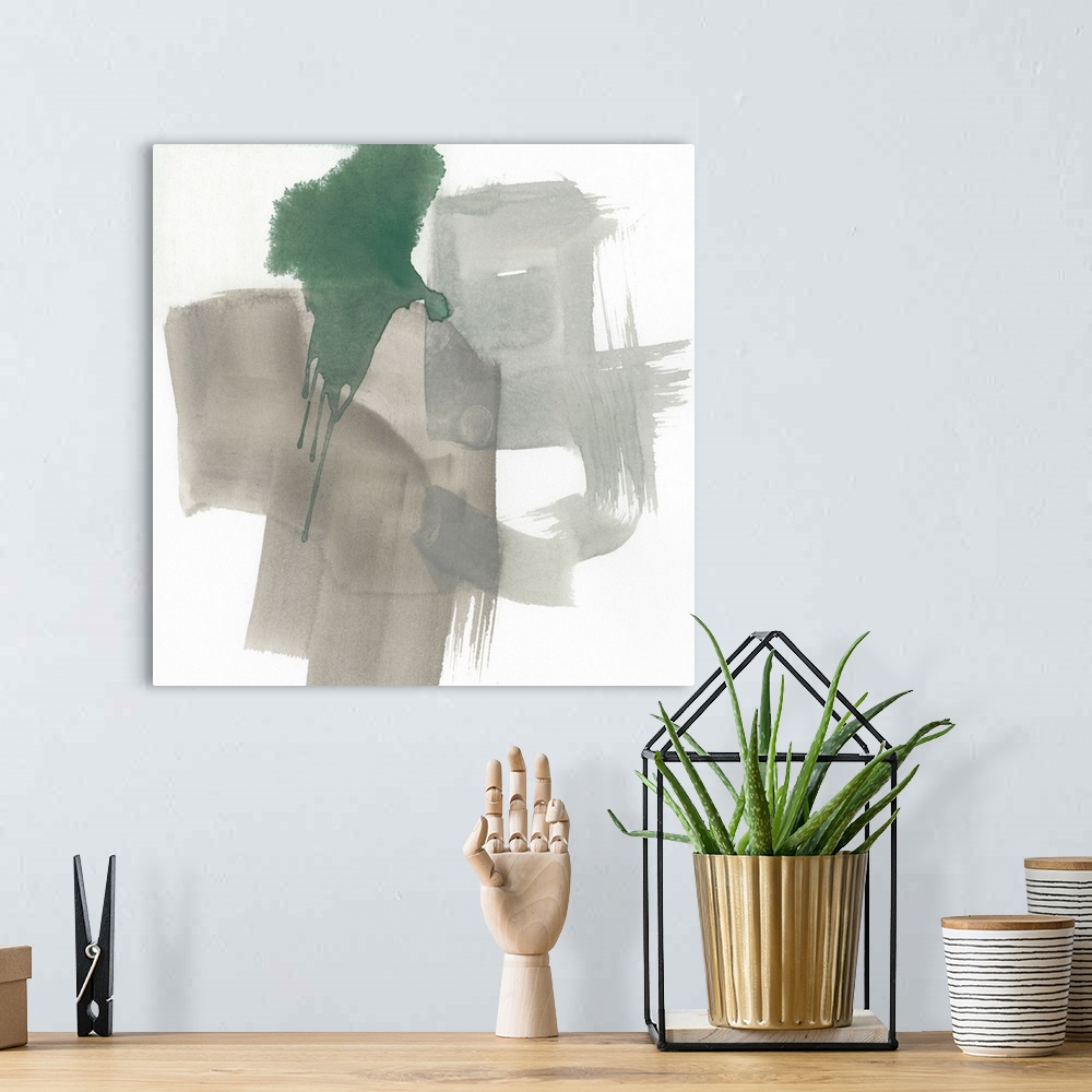 A bohemian room featuring Abstract contemporary artwork with broad gray brush strokes accented with green drips.