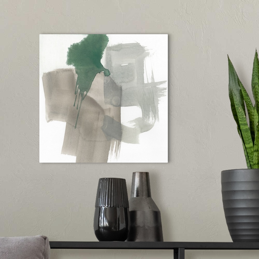 A modern room featuring Abstract contemporary artwork with broad gray brush strokes accented with green drips.