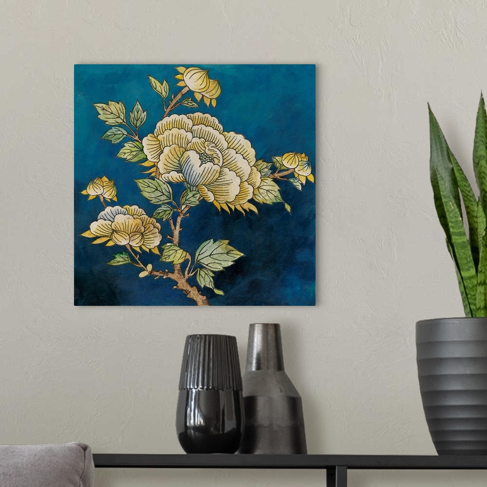 A modern room featuring Contemporary artwork of eastern inspired flowers against a dark blue background.