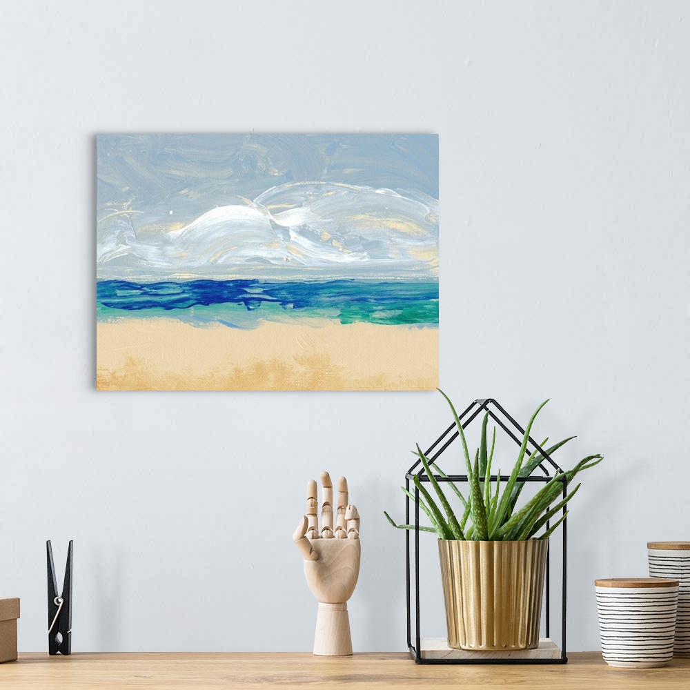 A bohemian room featuring Abstract painting using color placement to convey the image a beach.