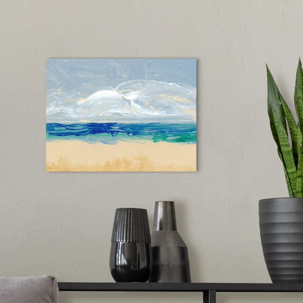 A modern room featuring Abstract painting using color placement to convey the image a beach.