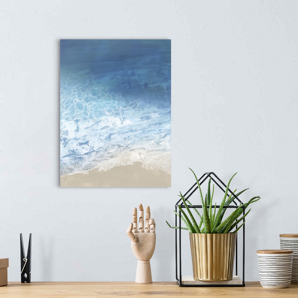 A bohemian room featuring Contemporary painting of ocean waves hitting the shore.