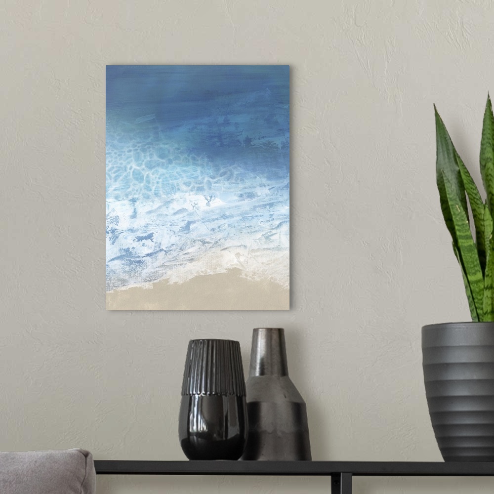 A modern room featuring Contemporary painting of ocean waves hitting the shore.