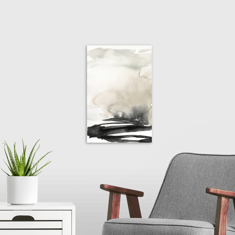 A modern room featuring Ebony Horizon Triptych I