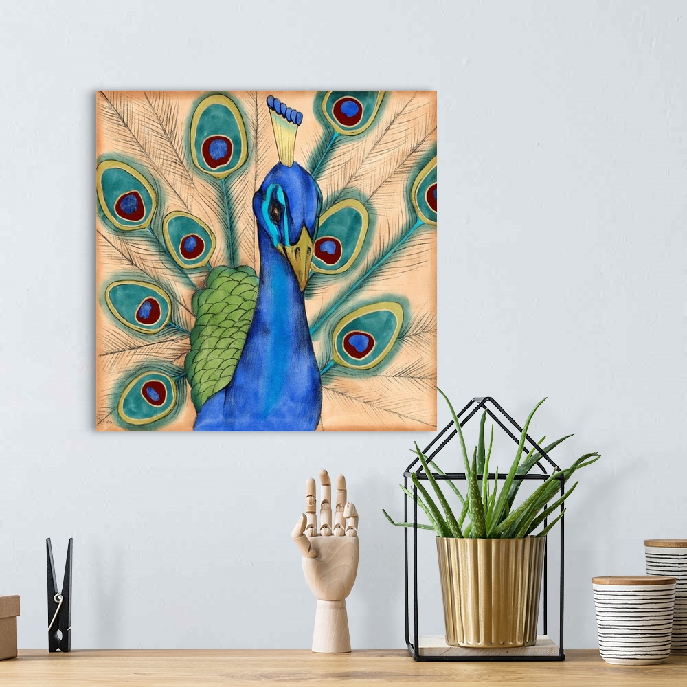 A bohemian room featuring Contemporary artwork of a peacock displaying plumage.