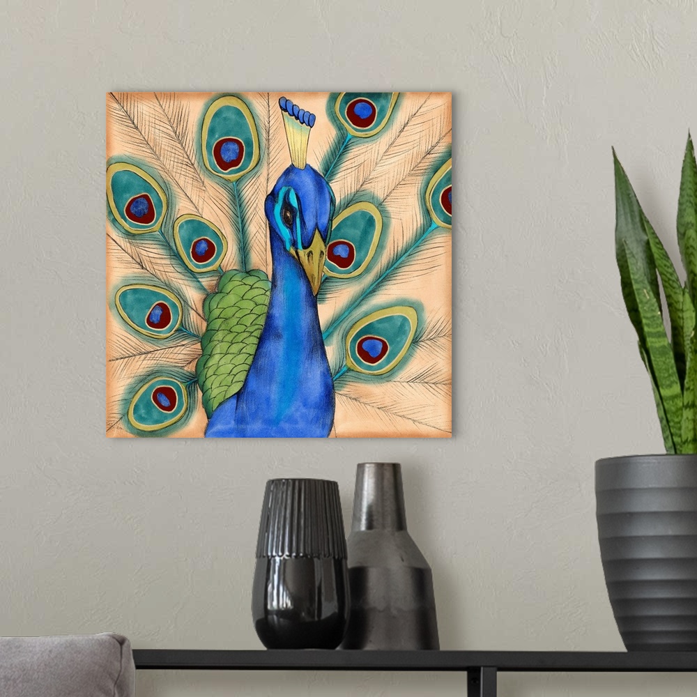 A modern room featuring Contemporary artwork of a peacock displaying plumage.