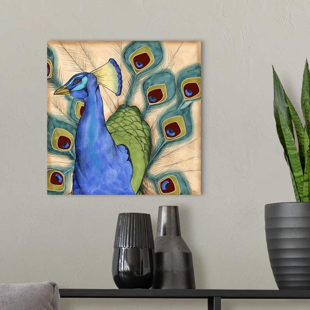 A modern room featuring Contemporary artwork of a peacock displaying plumage.