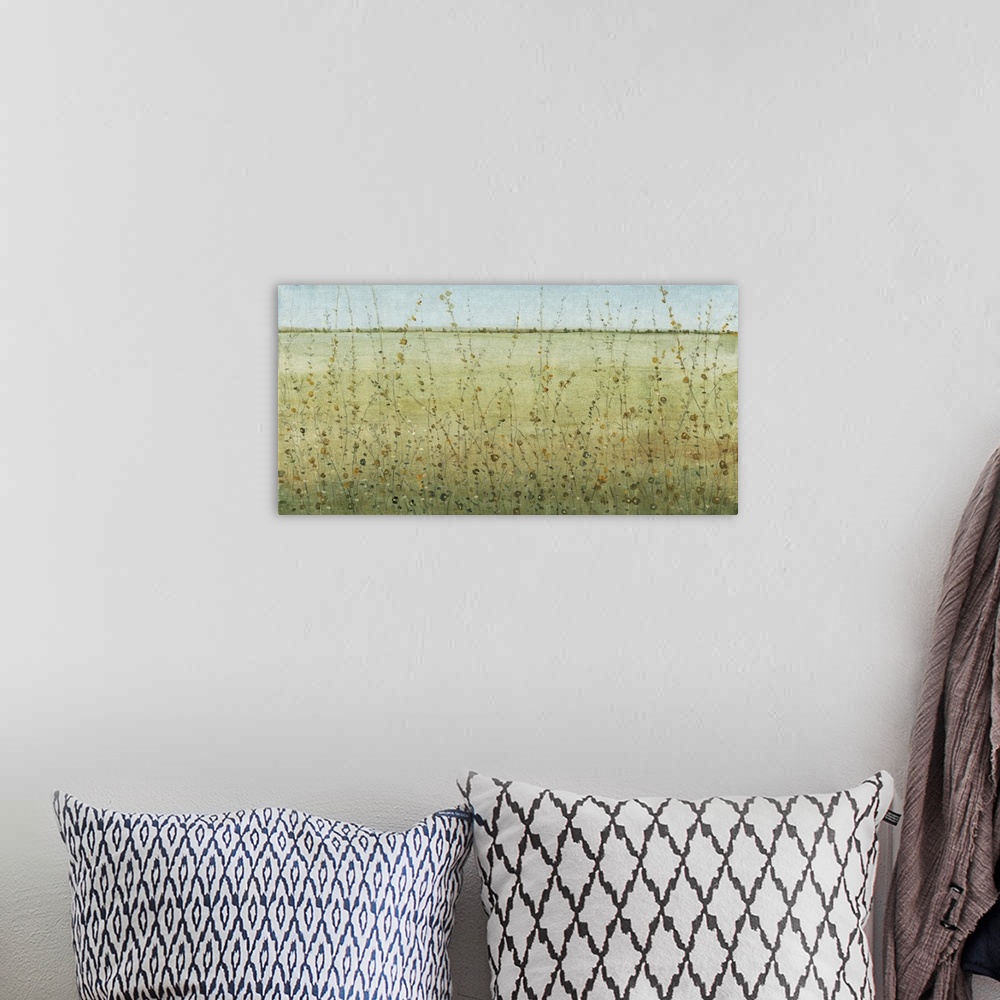 A bohemian room featuring Contemporary landscape painting of a grassy green prairie.