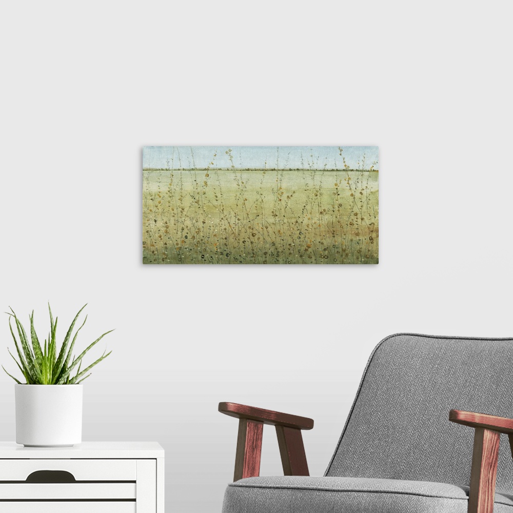 A modern room featuring Contemporary landscape painting of a grassy green prairie.
