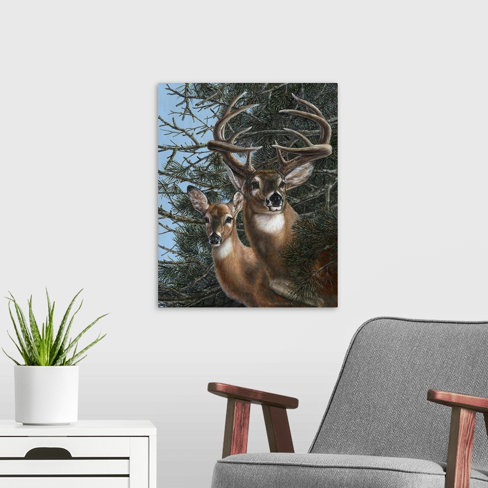 A modern room featuring Contemporary painting of two deer standing under a tree at the edge of a forest.