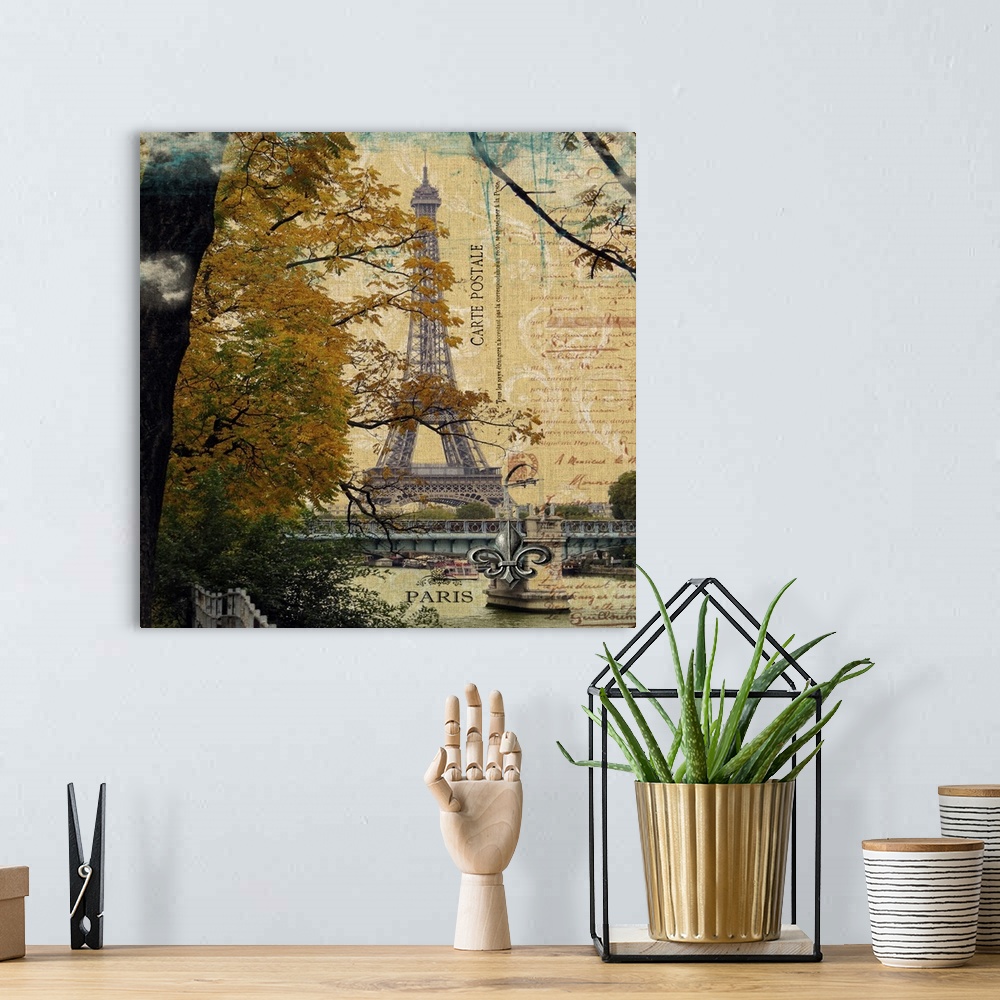 A bohemian room featuring Travel collage of the Eiffel Tower, decorated with french text.