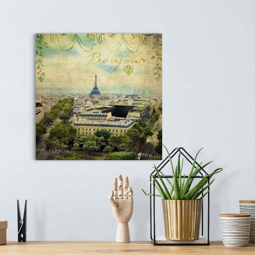 A bohemian room featuring Travel collage of the Eiffel Tower, decorated with french text.