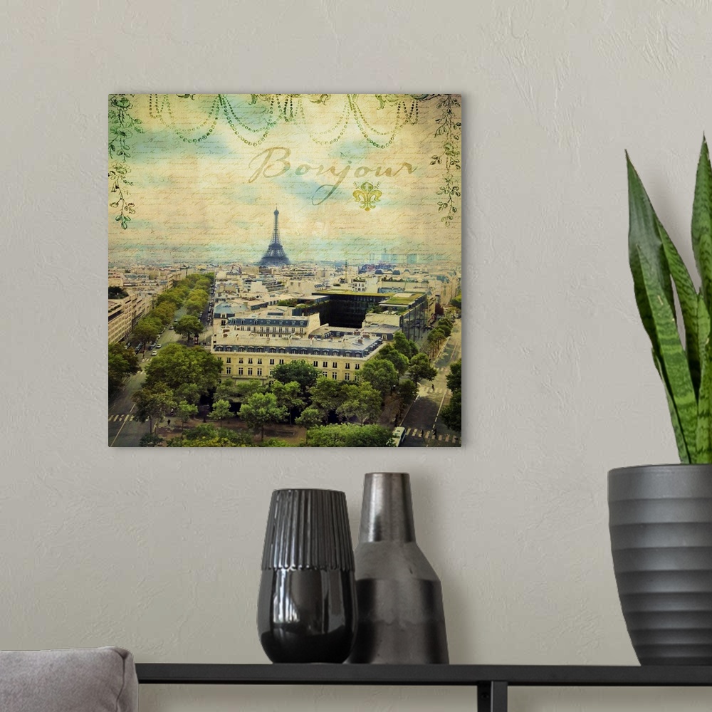 A modern room featuring Travel collage of the Eiffel Tower, decorated with french text.