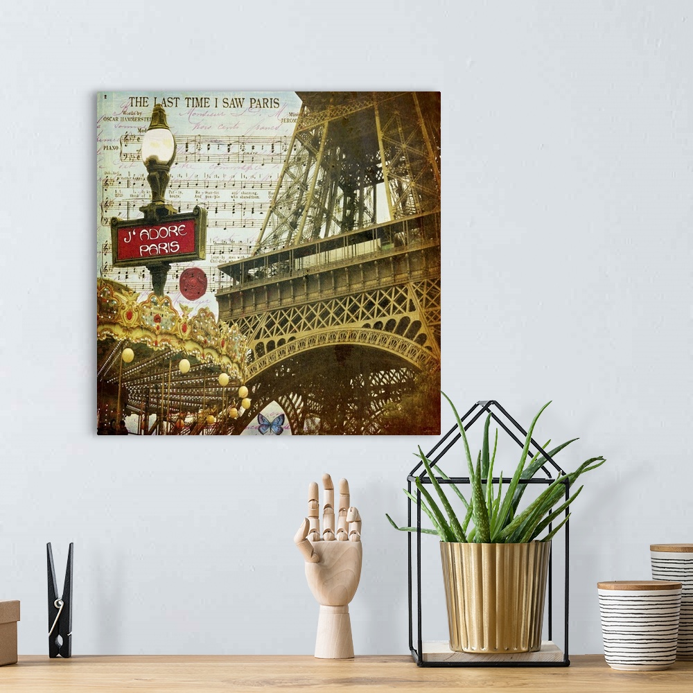 A bohemian room featuring Travel collage of the Eiffel Tower, decorated with french text and sheet of music.