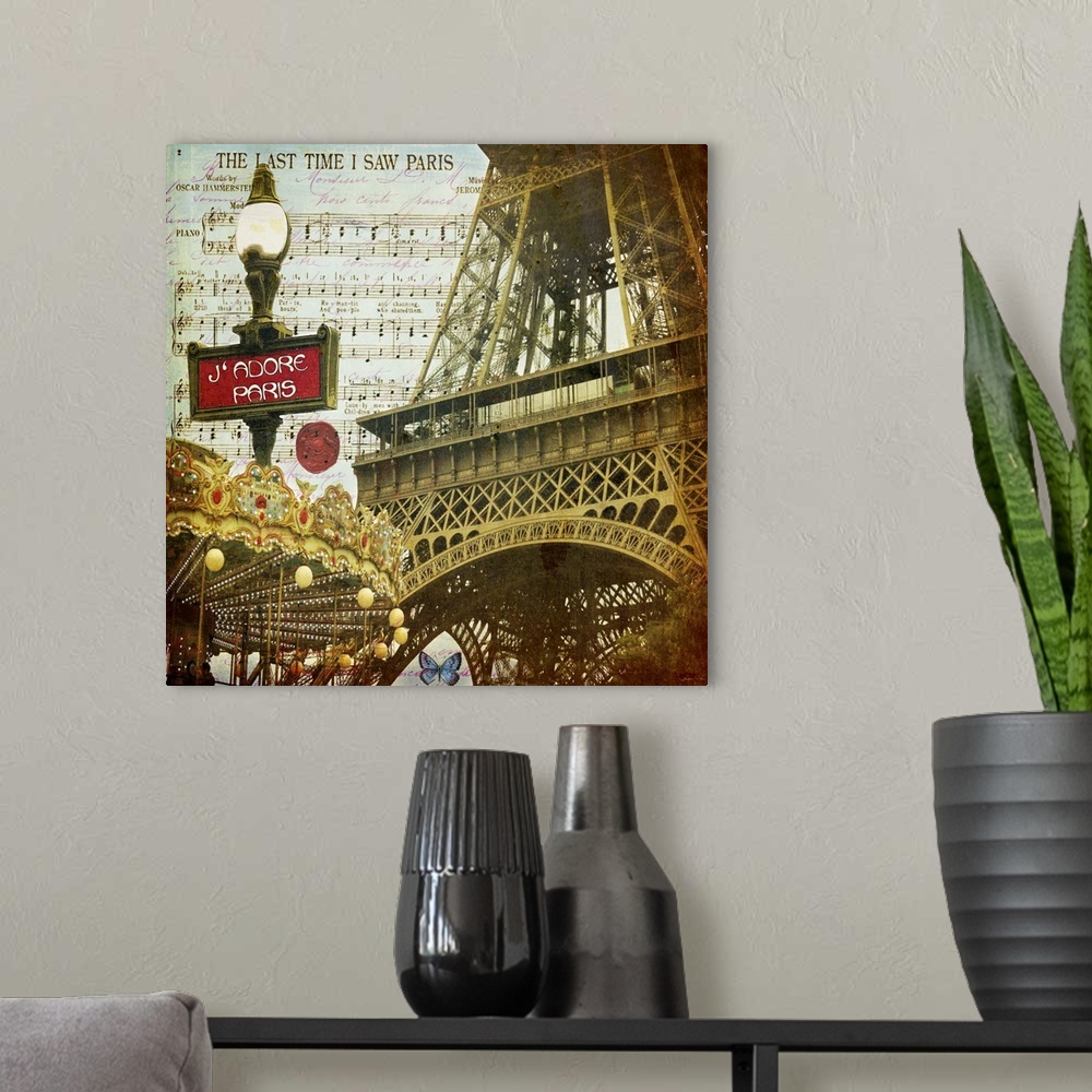 A modern room featuring Travel collage of the Eiffel Tower, decorated with french text and sheet of music.