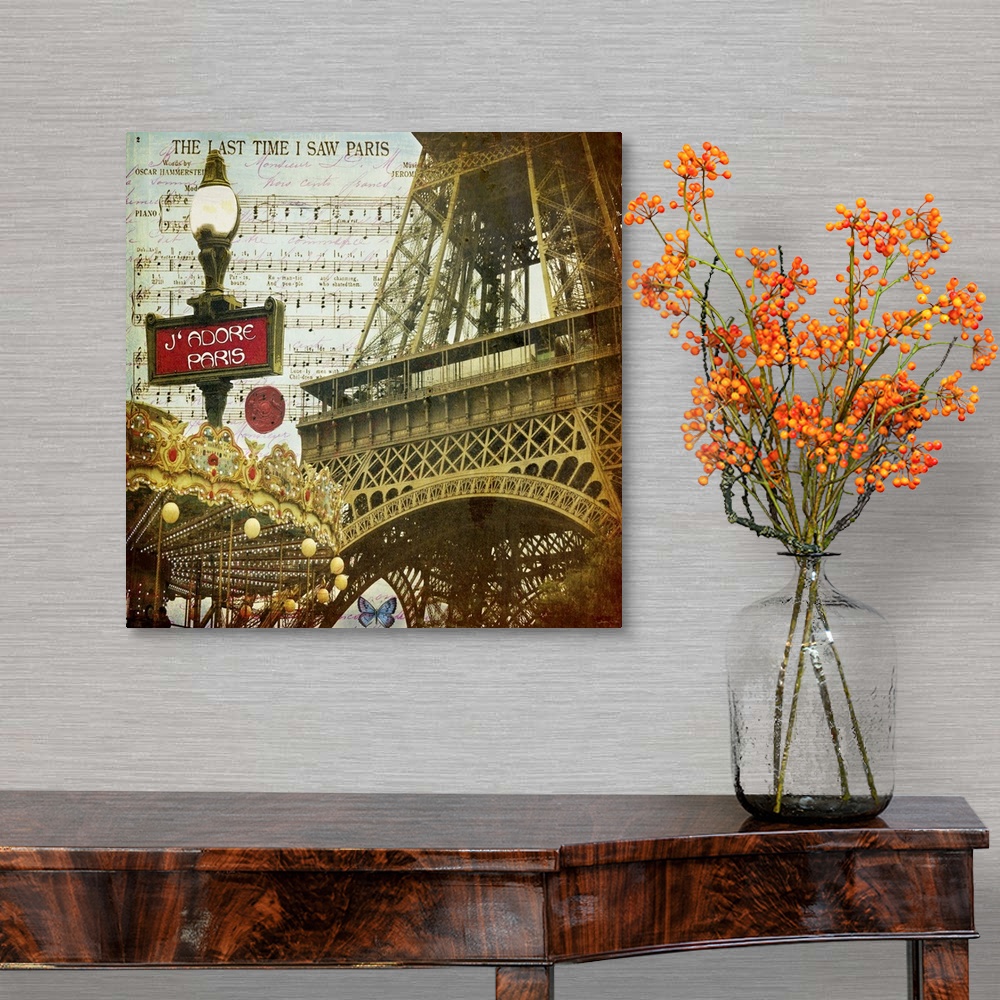 A traditional room featuring Travel collage of the Eiffel Tower, decorated with french text and sheet of music.