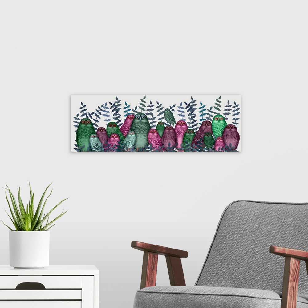 A modern room featuring A row of pink and green owls of various sizes with leafy ferns.