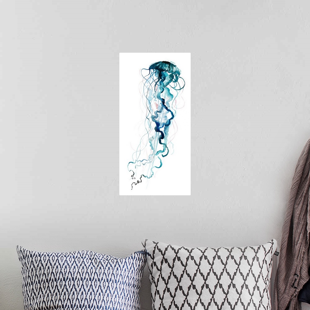 A bohemian room featuring Large panel watercolor painting of a jellyfish made in shades of blue with hints of pale pink.