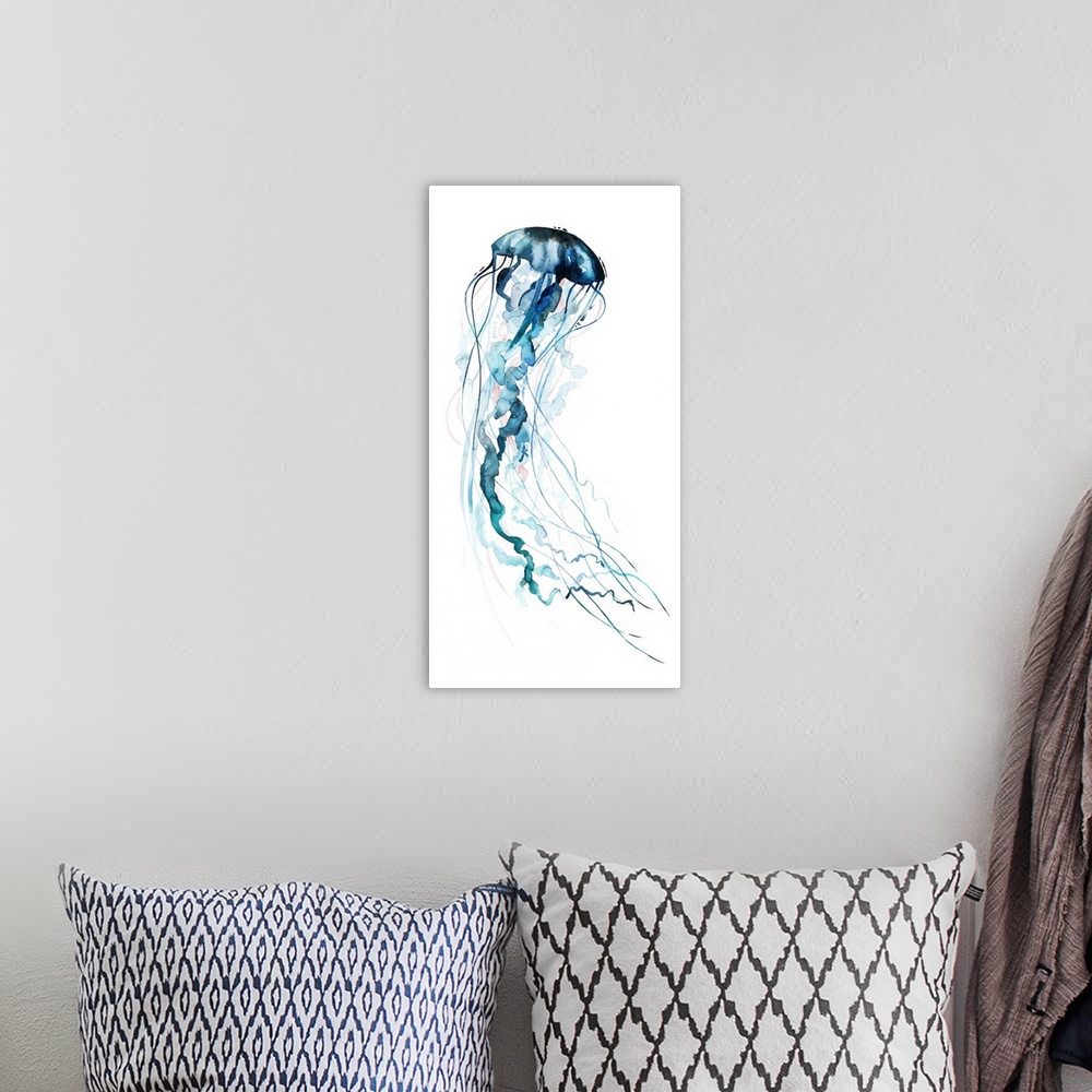 A bohemian room featuring Large panel watercolor painting of a jellyfish made in shades of blue with hints of pale pink.