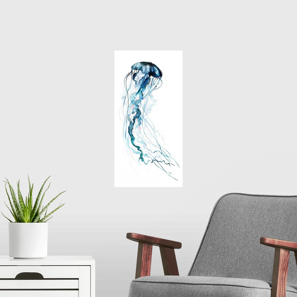 A modern room featuring Large panel watercolor painting of a jellyfish made in shades of blue with hints of pale pink.