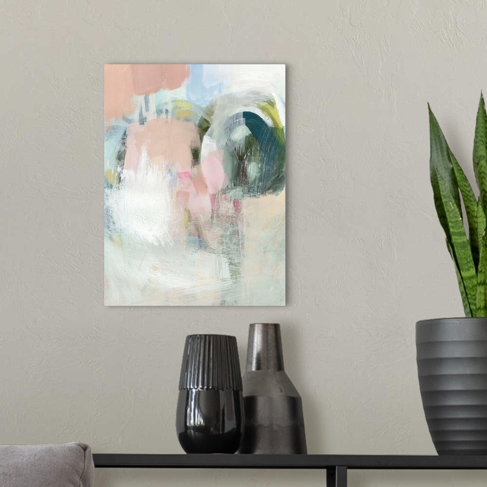 A modern room featuring Contemporary abstract painting in muted pinks and white with bright patches of color.