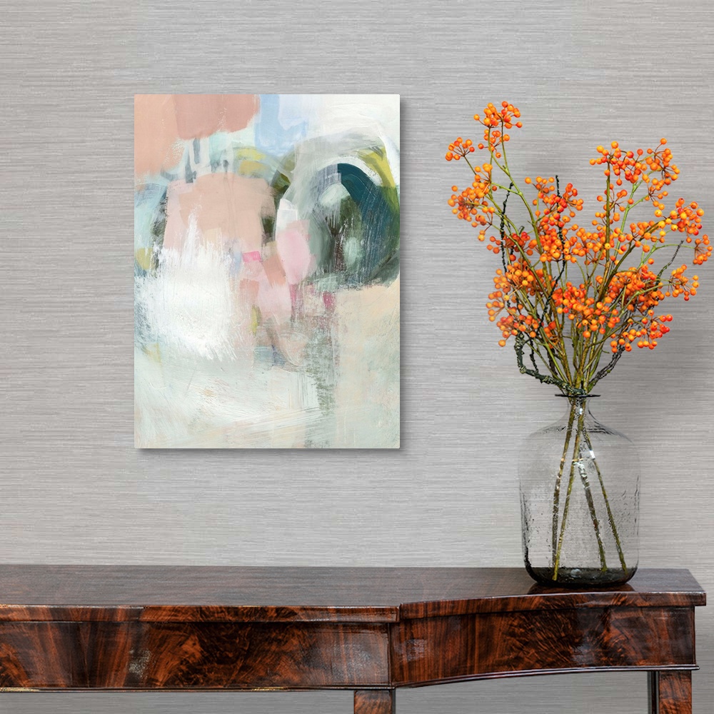 A traditional room featuring Contemporary abstract painting in muted pinks and white with bright patches of color.