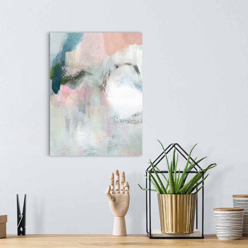 A bohemian room featuring Contemporary abstract painting in muted pinks and white with bright patches of color.