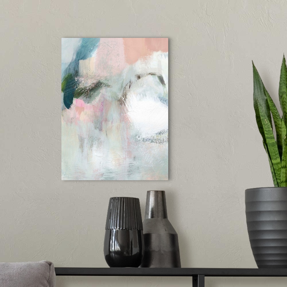 A modern room featuring Contemporary abstract painting in muted pinks and white with bright patches of color.