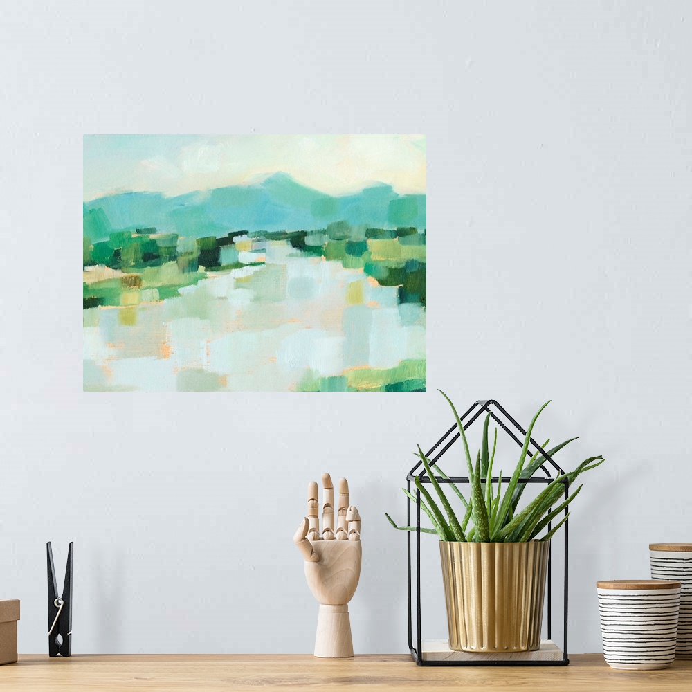 A bohemian room featuring Contemporary landscape painting with short brushstrokes in a variety of greens.