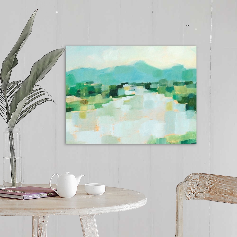A farmhouse room featuring Contemporary landscape painting with short brushstrokes in a variety of greens.
