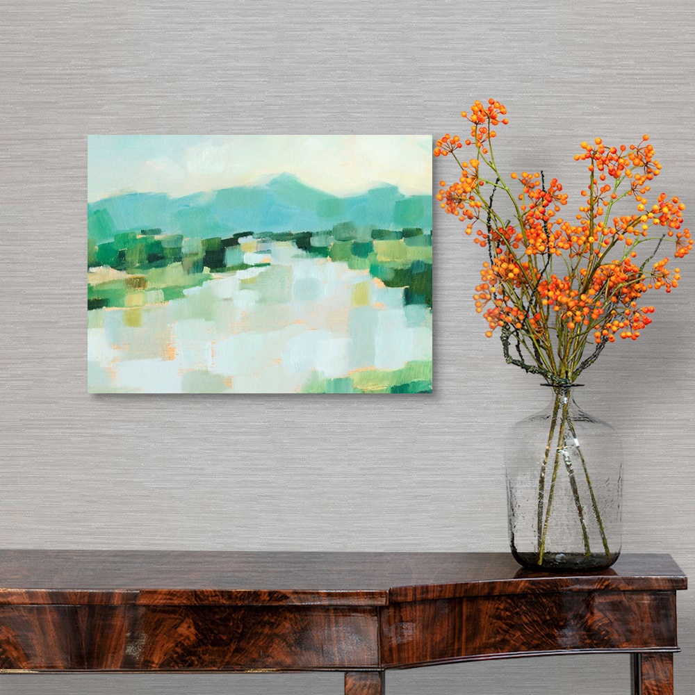 A traditional room featuring Contemporary landscape painting with short brushstrokes in a variety of greens.