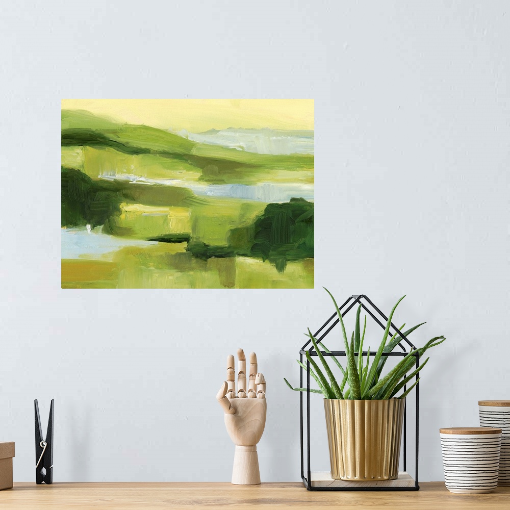 A bohemian room featuring Contemporary countryside landscape painting.