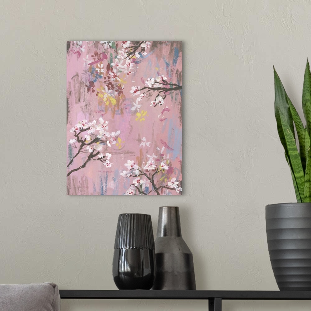 A modern room featuring Cherry blossom branches on a pink background.